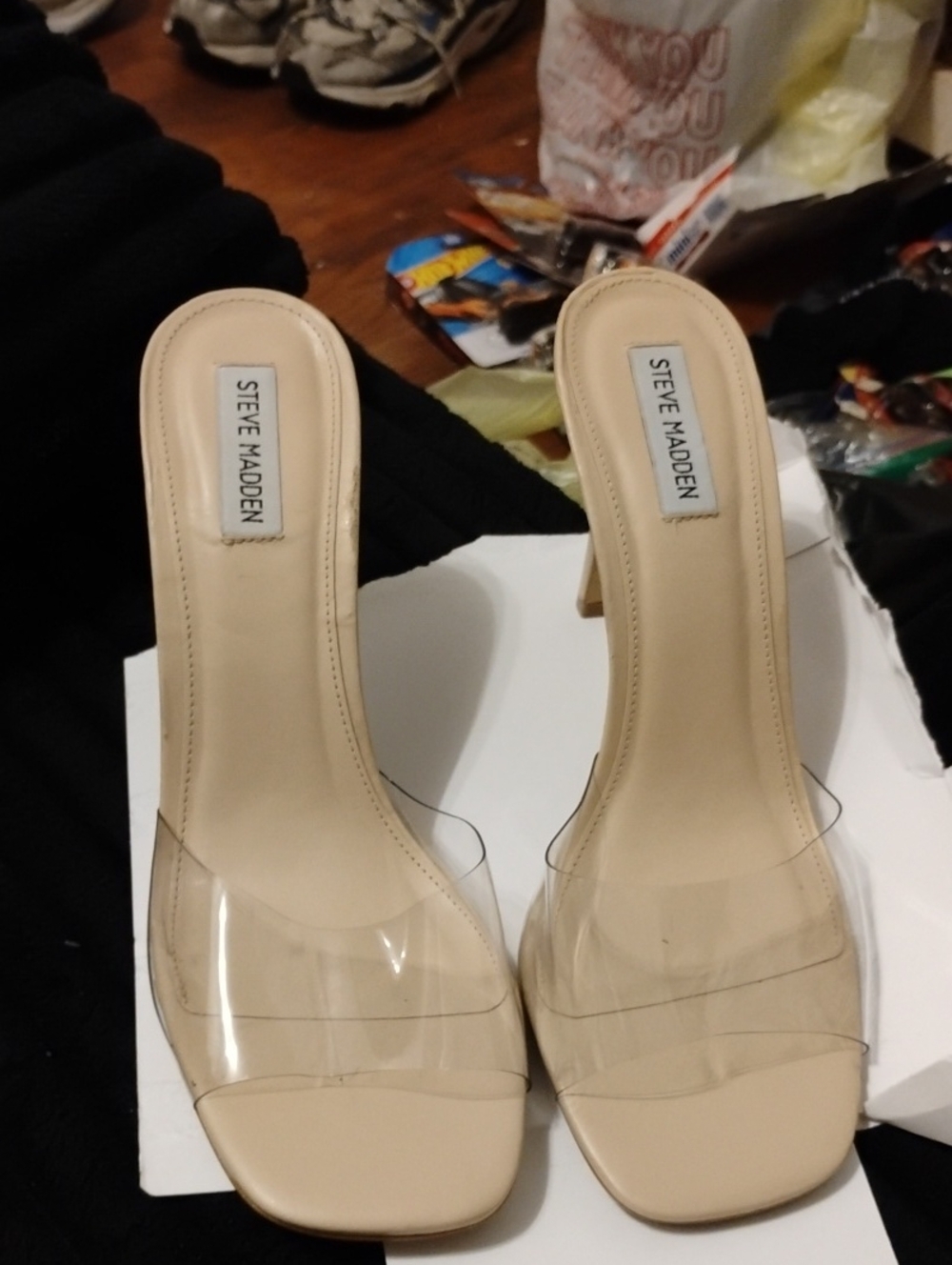 STEVE MADDEN BEIGE HEELED SANDALS FEATURES CLEAR VINYL STRAPS ACROSS THE TOES
